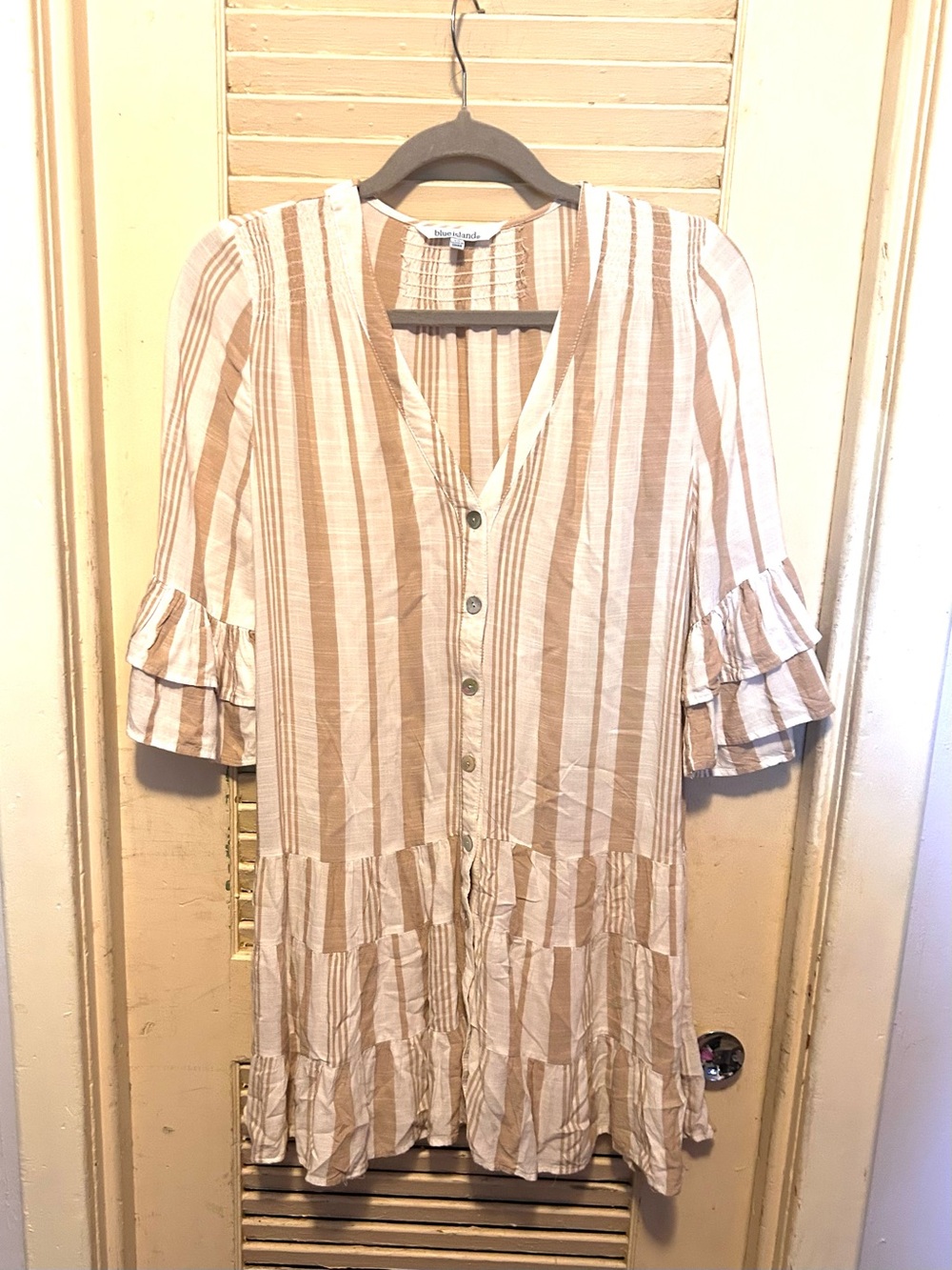 blue island Beige & White Striped Ruffle-Sleeve Midi Dress